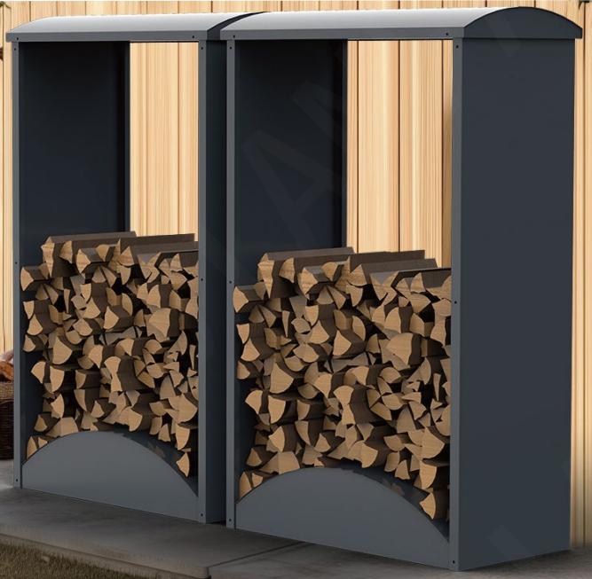 Brennholz Regal aus Metall überdacht anthrazit in Reihe aufgestellt