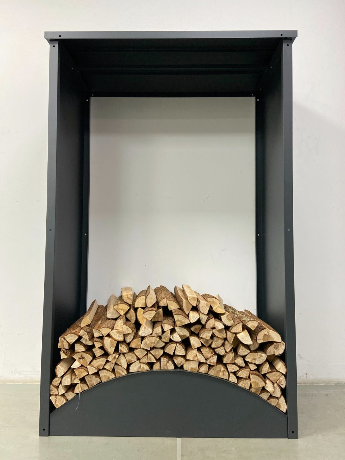 Holzregal metall anthrazit mit Dach und hohem Boden Frontansicht