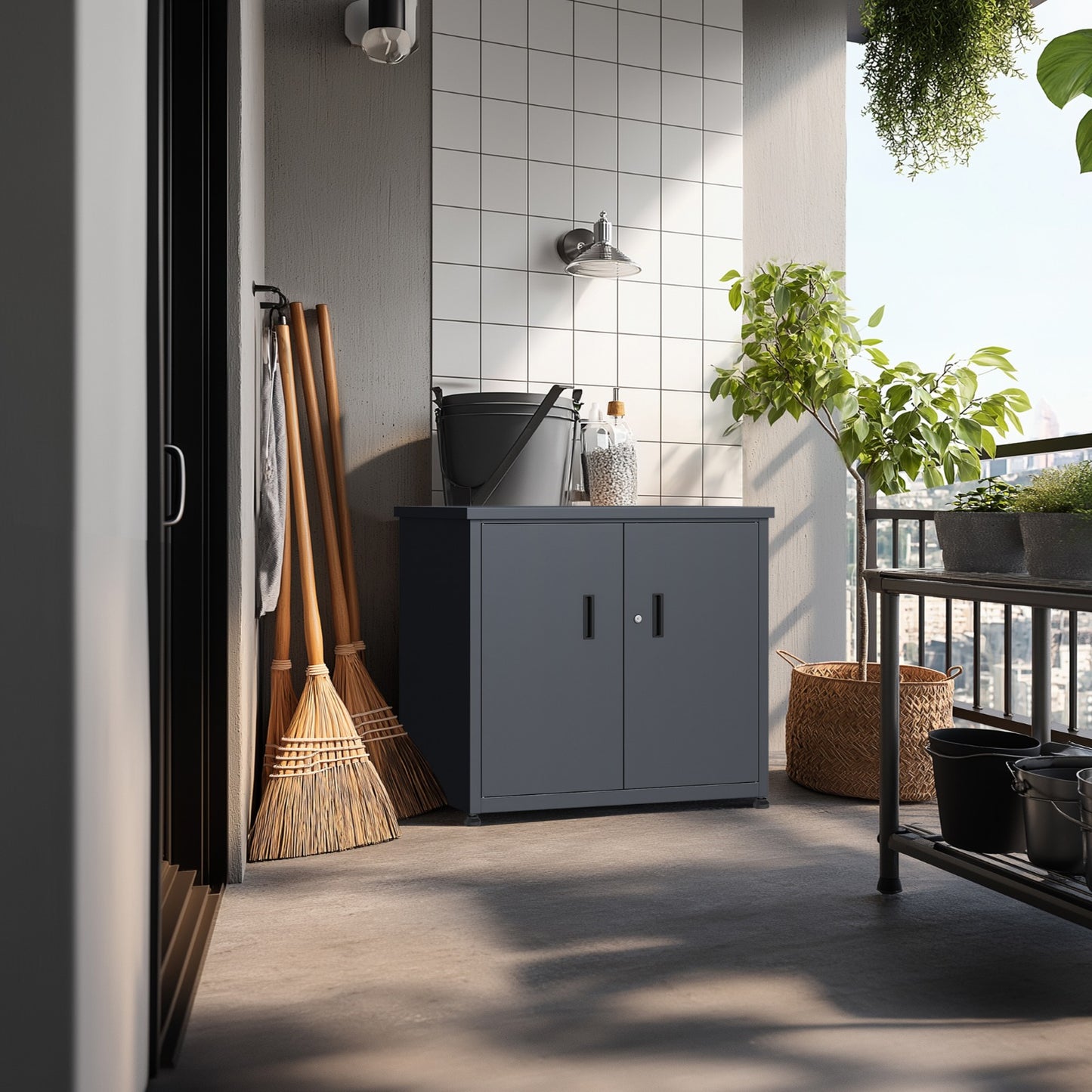 Grillschrank auf Balkon in Verbindung mit Gartenschrank Metall anthrazit