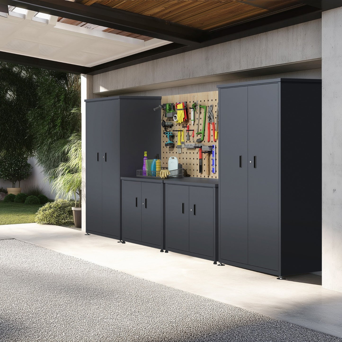 Gartenschrank Kombination Metall anthrazit mit Grillschrank in Garage
