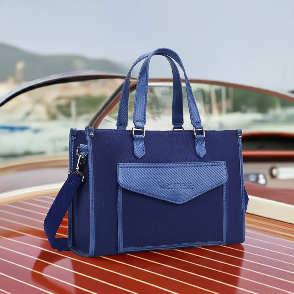 Damen Handtasche aus blauem Stoff und mit blauem Carbonleder mit Leder Tragegriff und Nylon Trageriemen
