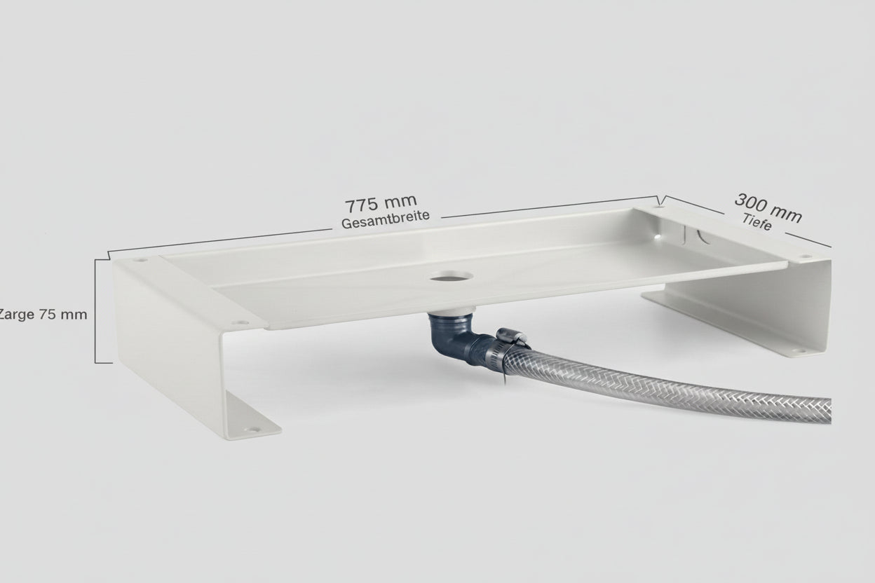 Kondensatwanne passend für Daikin Altherma 3 R (4-8 kW) mit 75 mm Seitenhöhe, integriertem 3/4-Zoll-Anschluss und RAL 9002