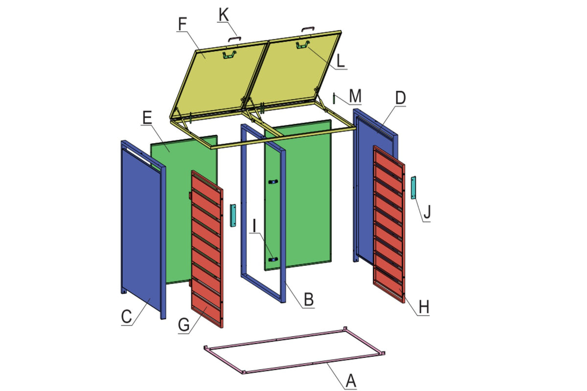 Zeichnung für sichere, wetterfeste Mülltonnenbox aus Stahl für 2–4 Tonnen.