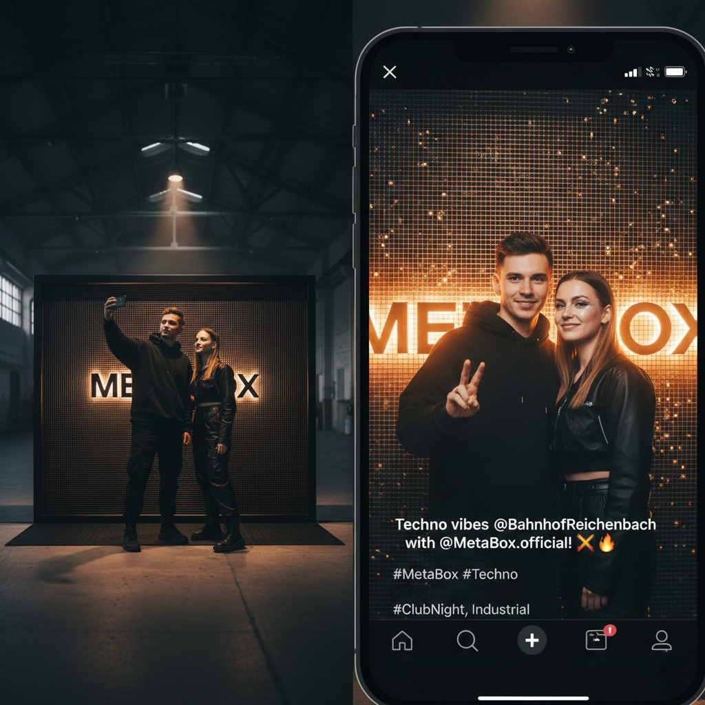 Ein junges Paar macht ein Selfie vor der beleuchteten METABOX-Photowand im Bahnhof Reichenbach; rechts eine Smartphone-Ansicht des Fotos als Social-Media-Post mit Hashtags