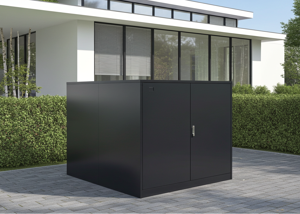 2er-Fahrradgarage-fuer-E-Bikes-_Container-2-Bikes_---Masse_-H-125-x-B-130-x-T-204-cm-in-anthrazit-oder-quarzgrau-RAL-7039-quarzgrau-mit-Vorhaengeschloss