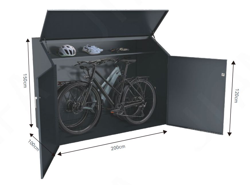 Fahrradgaragen schmal Doppeltüre und Deckel mit Regal aus Metall RAL 7016