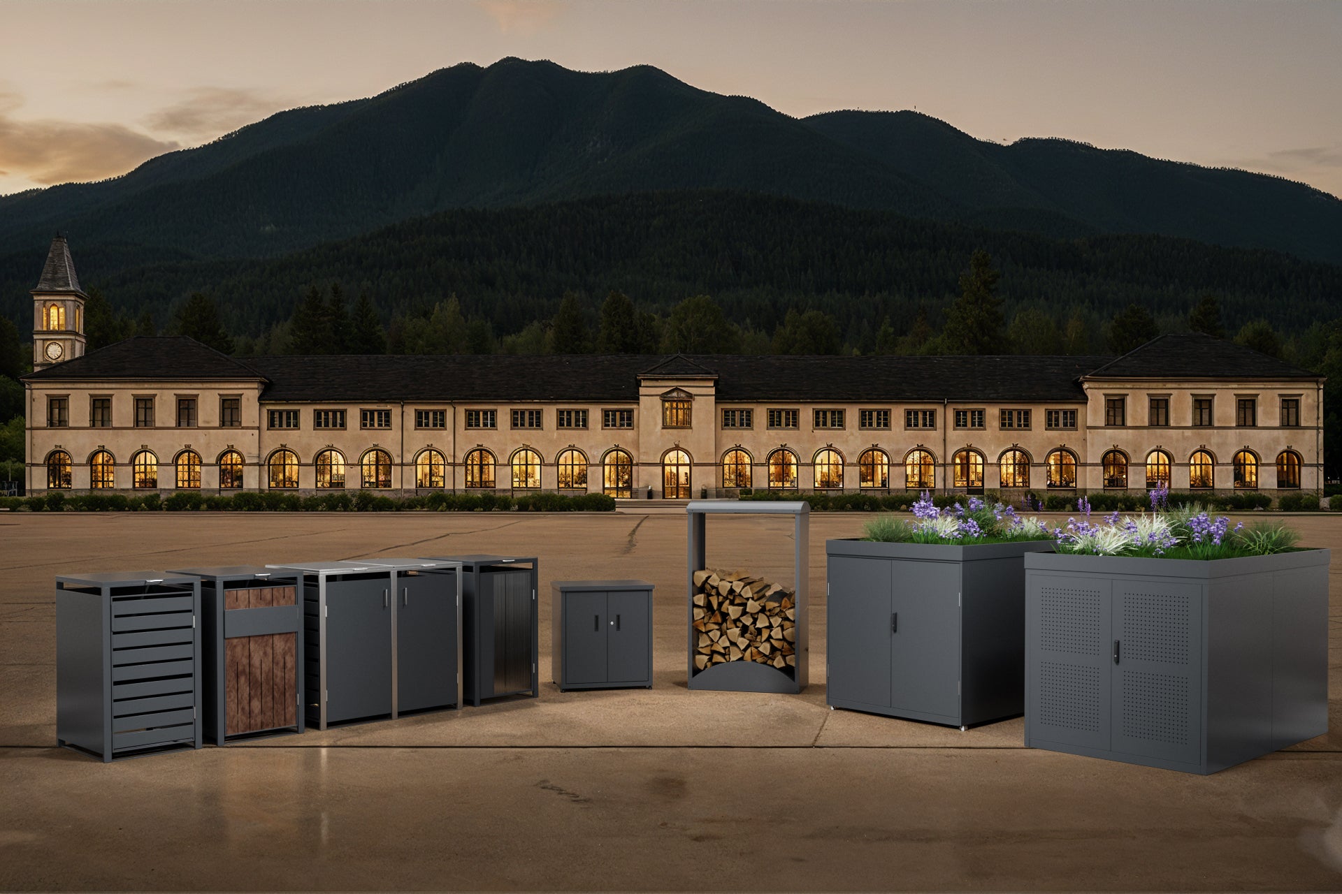 Auswahl an Mülltonnenboxen, Gartenschrank, Brennholzregal und Fahrradgaragen aus Metall in anthrazit