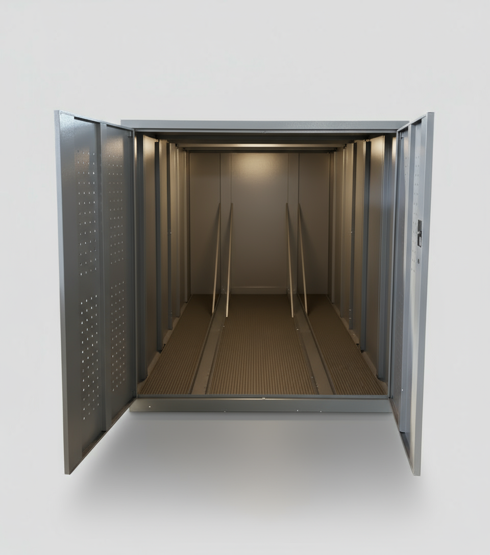 Fahrradgarage Wallstreet mit geöfneten Türen und zwei Führungsschienen