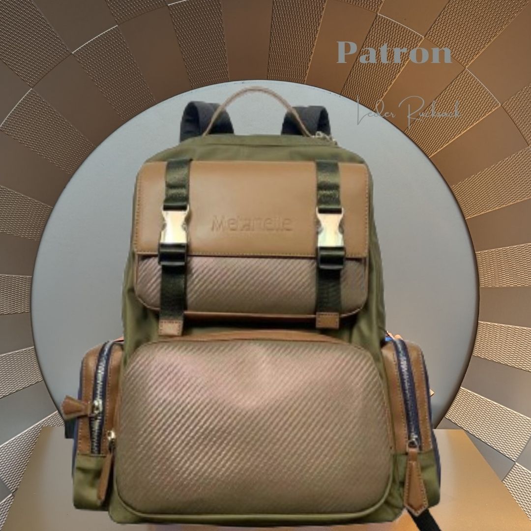 Eleganter Grün brauner Carbonleder Nylon Rucksack mit Front- und Seitentaschen