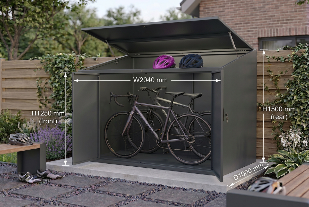 Große Fahrradgarage Long Side Family XL mit 204 cm Länge und 100 cm Tiefe für Fahrräder und Zubehör