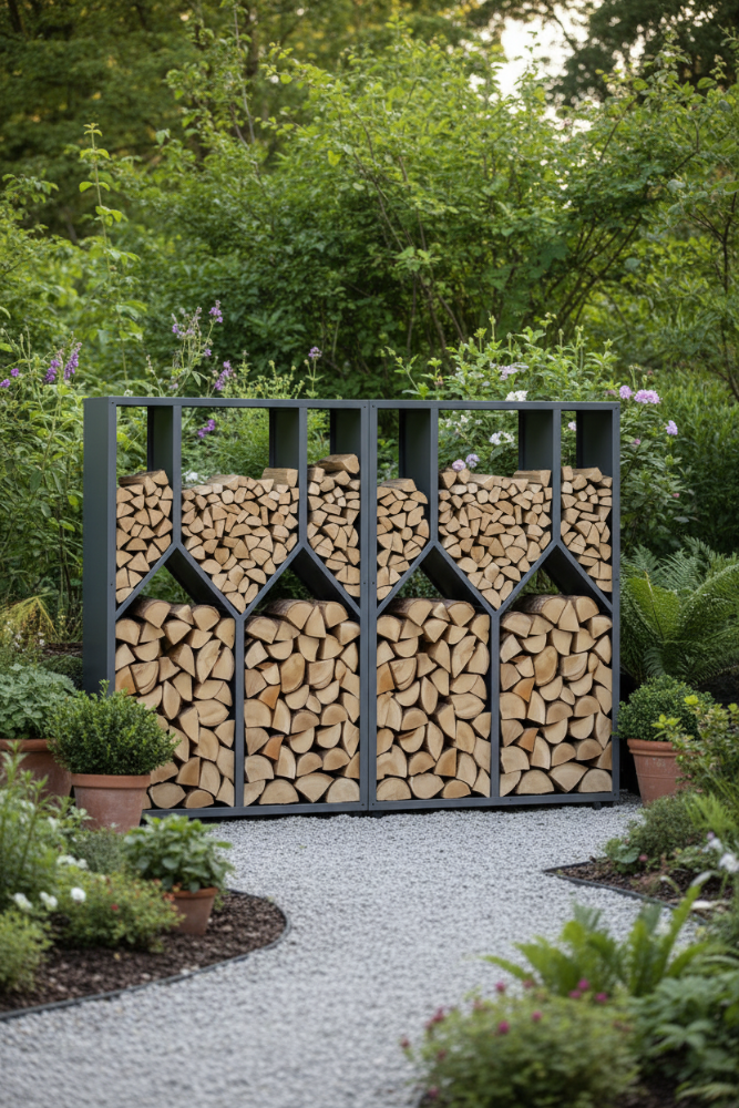 Holzregal aus Metall mit Fächer und Regenschutz, wetterbeständig