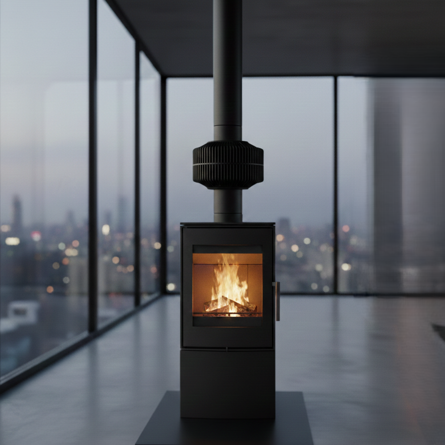 Heiz-Ring-schwarz-montiert-an-150mm-Ofenrohr-Design-Kamin