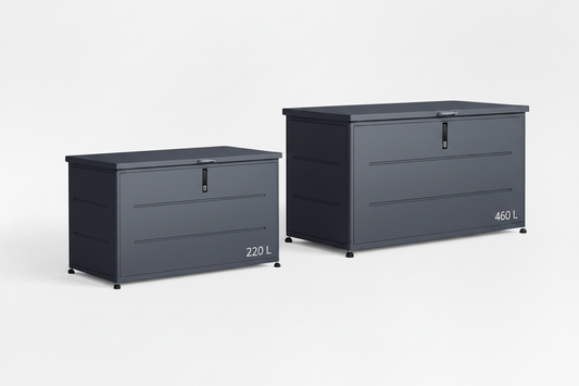 Kissenbox Medium und smarte Paketbox aus Metall in anthrazit, abschliessbar und wetterfest