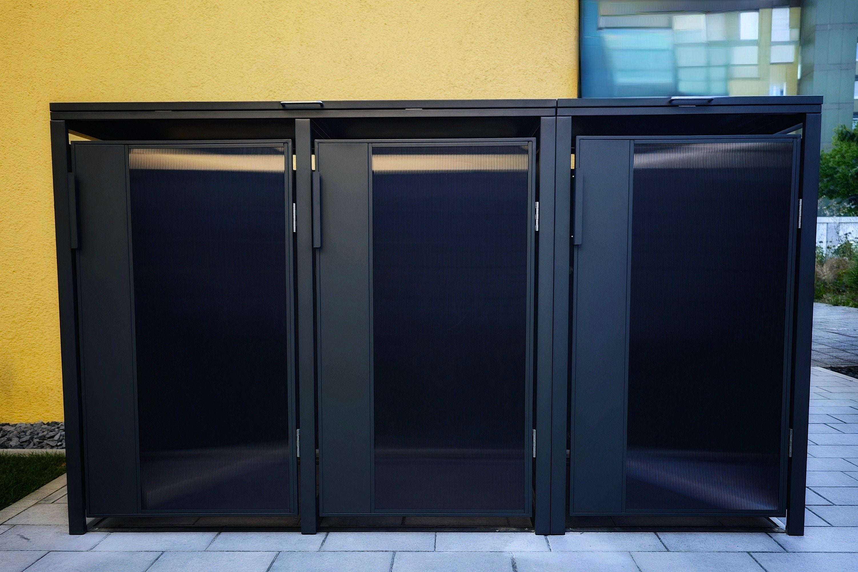 3er muelltonnenboxen metall getöntes glas mit deckel in anthrazit