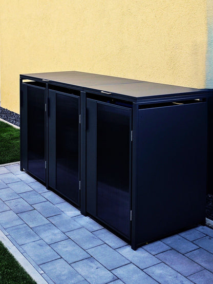 3er Mülltonnenbox für 240-Liter-Tonnen – moderne Mülltonnenverkleidung aus Metall mit Glas für drei Mülltonnen, wetterfest, abschließbar und pflegeleicht, ideal für Haus und Garten