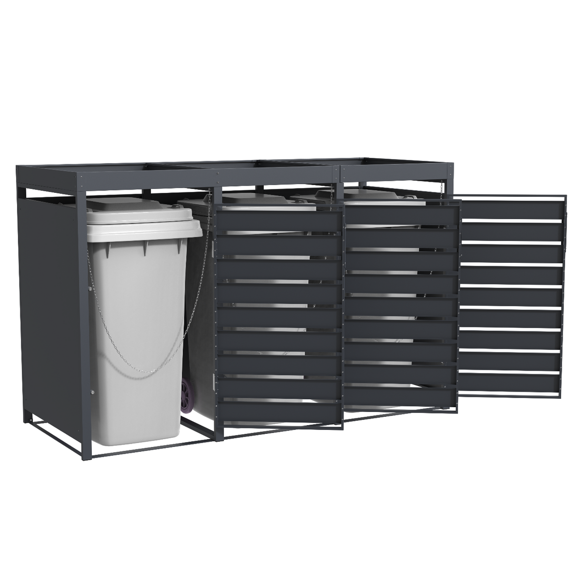 Muelltonnenbox 3er mit Pflanzwanne | 120 l & 240 l | Anthrazit schraeg mit drei offenen türen