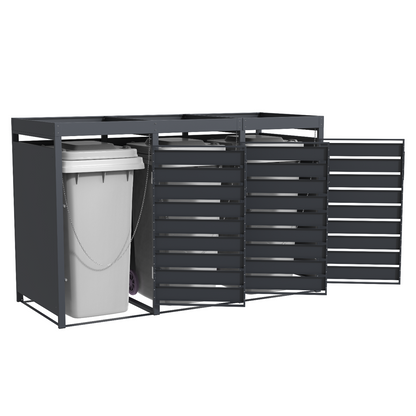 Muelltonnenbox 3er mit Pflanzwanne | 120 l & 240 l | Anthrazit schraeg mit drei offenen türen