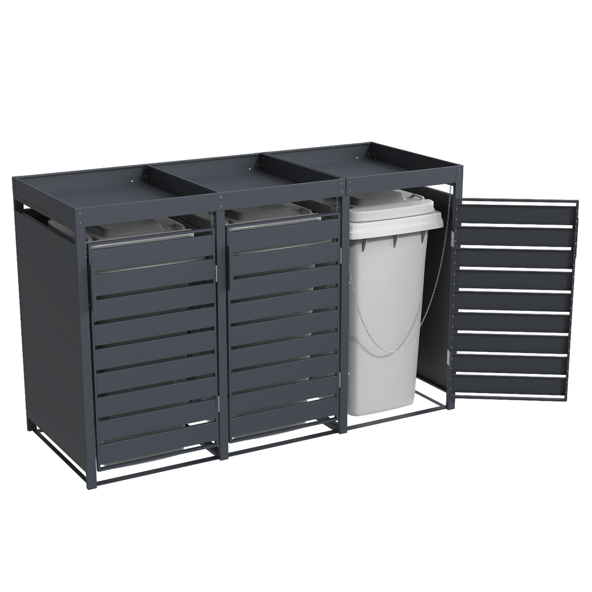 Muelltonnenbox 3er mit Pflanzwanne | 120 l & 240 l | Anthrazit schraeg mit einer offenen tuere