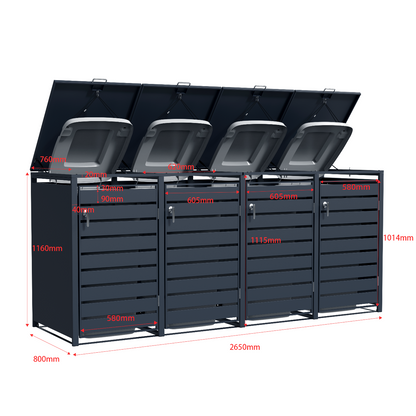 Muelltonnenbox 4er mit geoeffneten Deckeln und Angabe der Masse