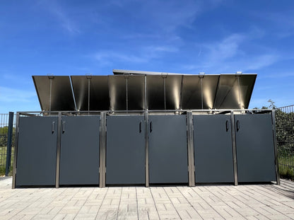 6er Mülltonnenboxen Edelstahl anthrazit mit geöffneten Deckeln
