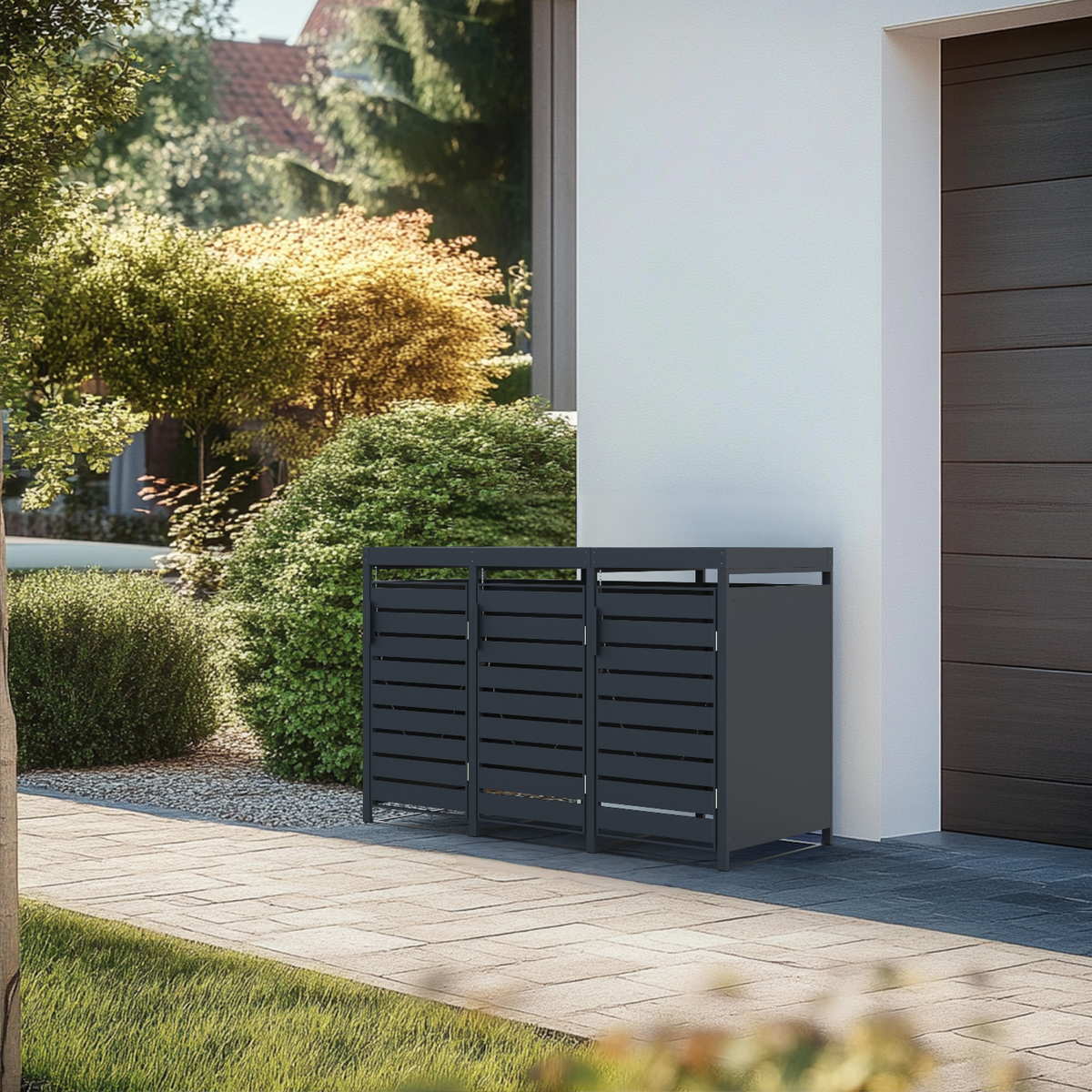 Mülltonnenbox 3er mit Pflanzwanne | 120 l & 240 l | Anthrazit vor dem Haus