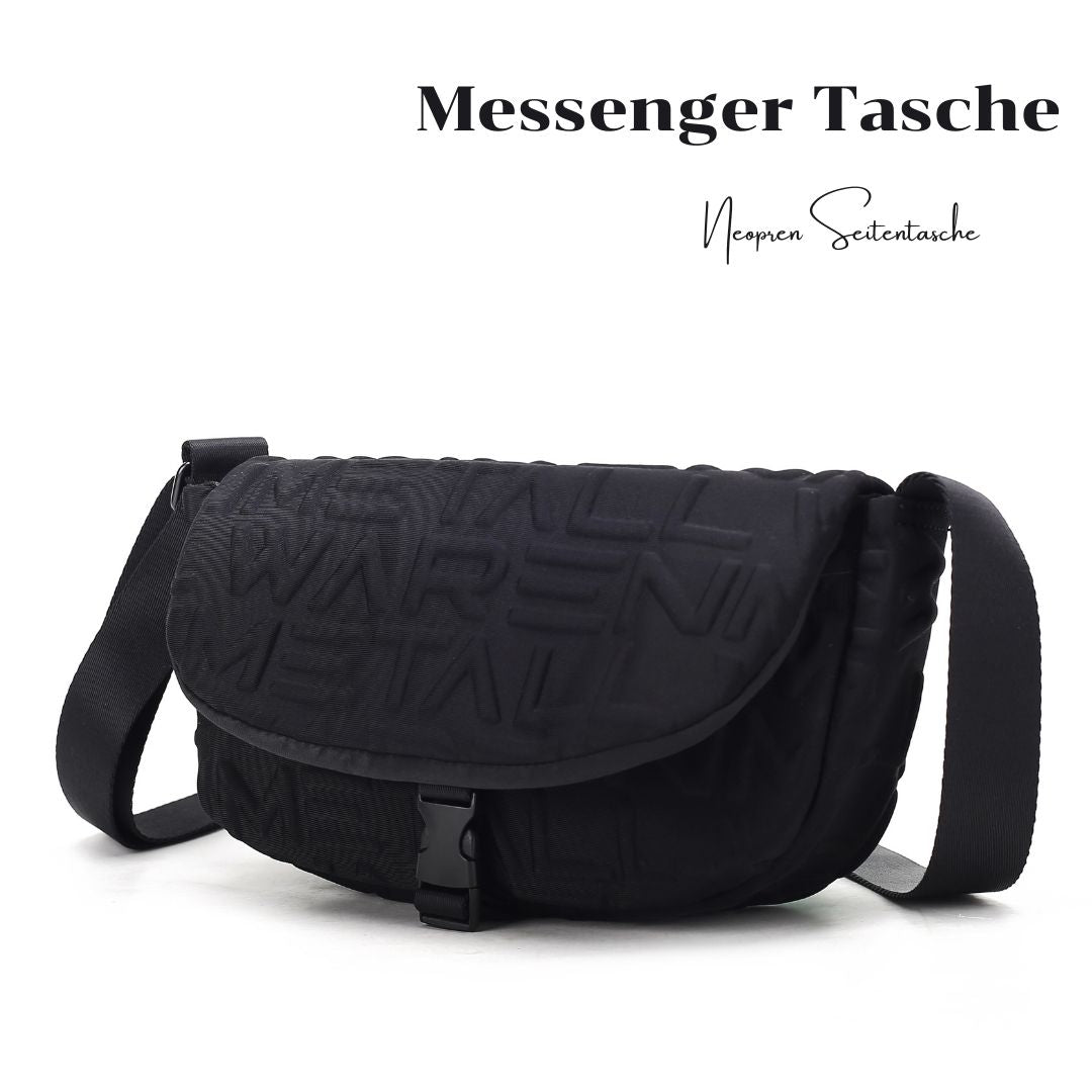Unisex Kurier-Umhängetasche aus schwarzem Neopren mit METALLWAREN Signature Prägung