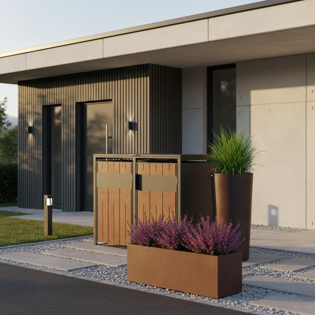 Exklusive Mülltonnenboxen und Design-Pflanzkübel für moderne Architektur in Bayern – Rost-Edition von Meta-Box