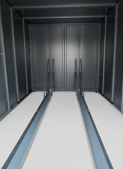 zwei_Fahrradschienen_fuer_E-Bikes_mit_je_zwei_Vorderradhalter_in der_Fahrradgarage_Wallstreet