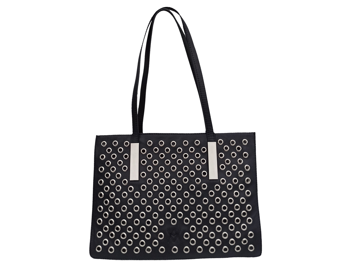 Handtasche Small Tote Bag in schwarzem Leder mit silbernen Nieten