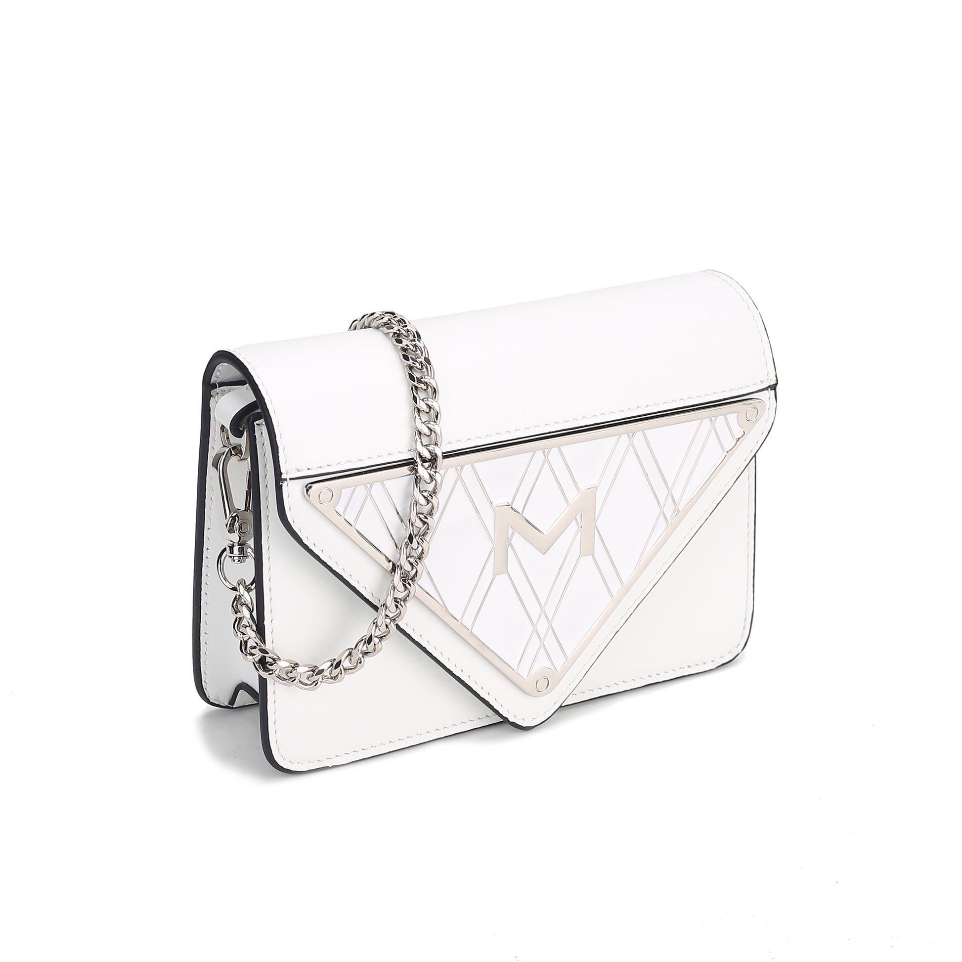 Damen-Schultertasche aus Echtleder in  Weiß mit metallener Gliederkette